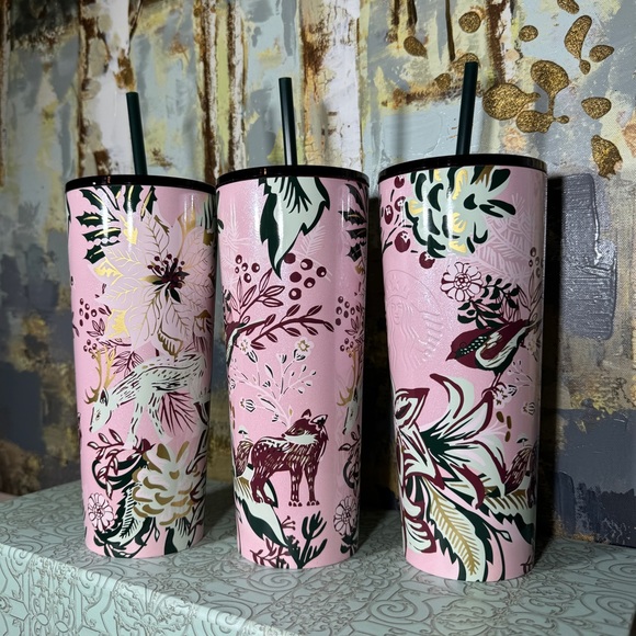 Starbucks Other - Starbucks Pink Shimmer Enchanted Forest Stainless Steel Tumbler Bundle
